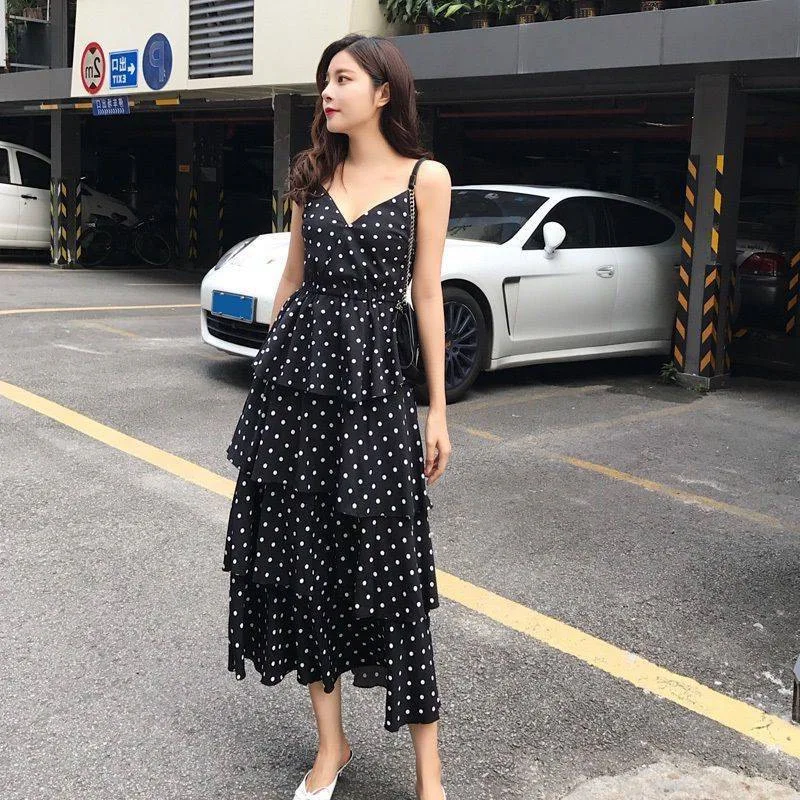 

2019 New Style Hipster Gentle Wind Strapped Dress Women's Summer Pp Home Long Skirts Polka Dot Cake V-neck Full Body Dress
