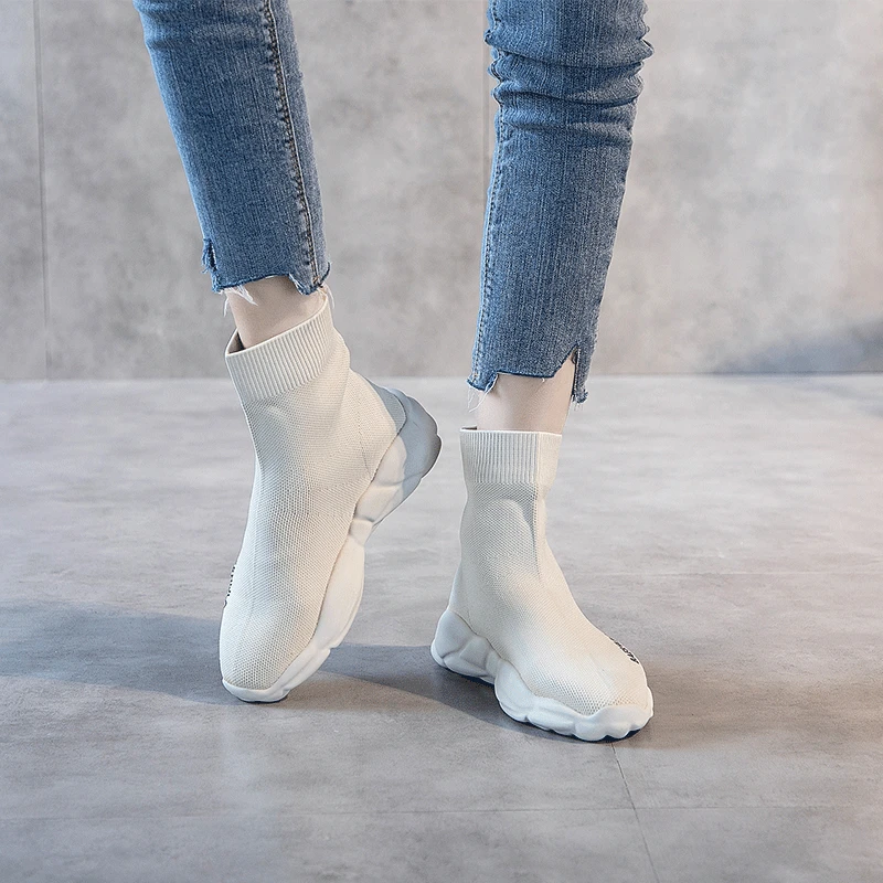 

Wa zi xie Women's 2019 New Style Autumn Hight-top Stretch Boots Breathable Ulzzang Network Red Shoes Slip-on Loafers