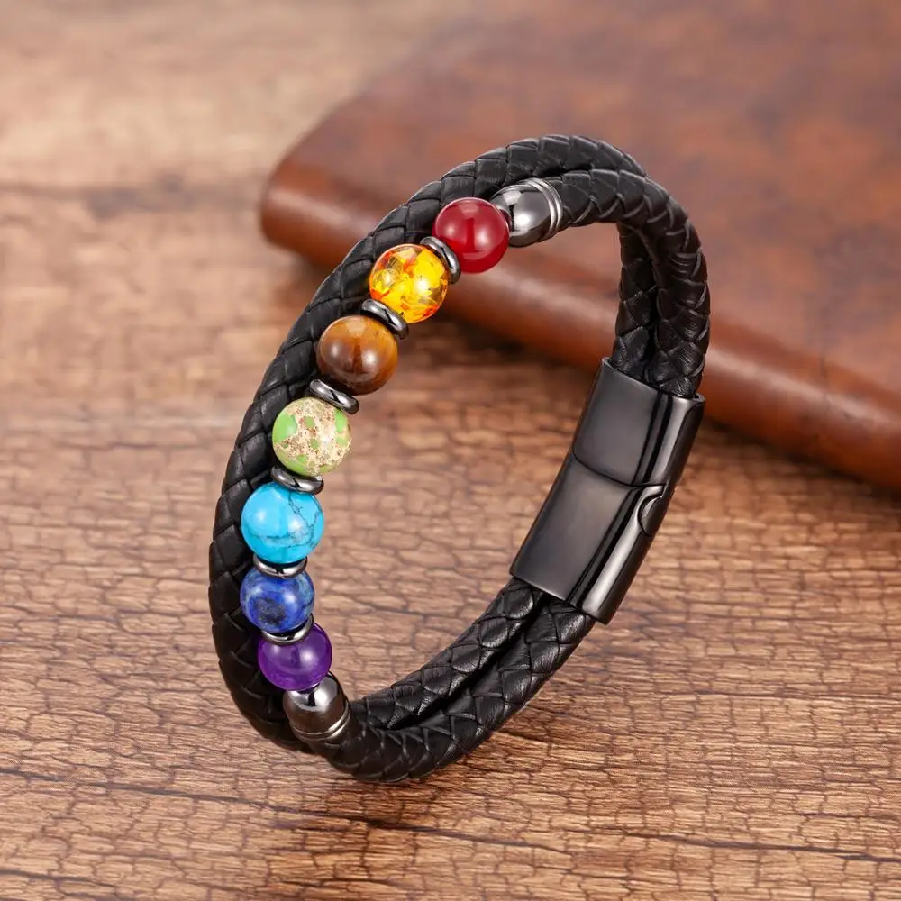 Bracelet Jewelry Chakra Men Bracelet 7 Color Natural Yoga Healing Stone Beads Bracelets Black Genuine Leather