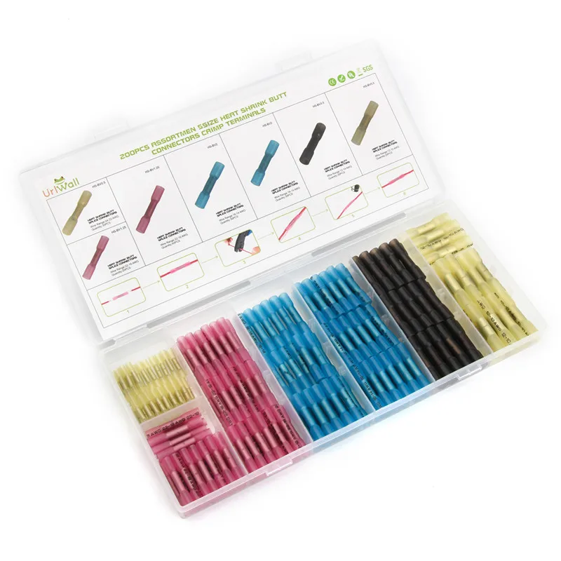 200Pcs 5Sizes Thicken Waterproof Heat Shrink Terminal Shrinkable Terminators Set Assortment Electrical Wire Butt Crimp Connector