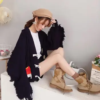 

Women Fashion Knit Sweater Cardigans Coat Tassel V Neck Button Loose Sweater Jackets