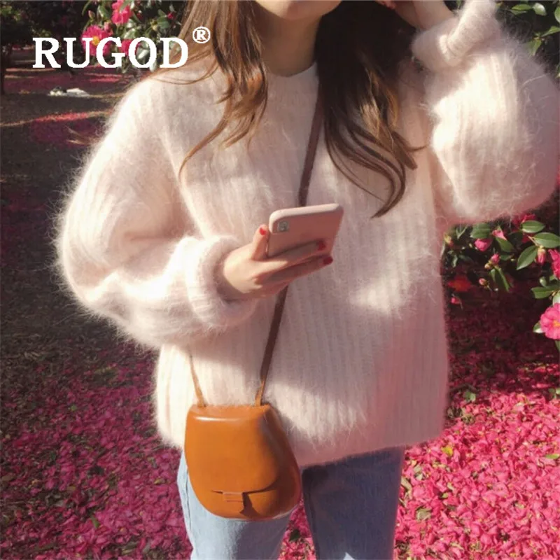 RUGOD women pullover o neck wool hairy solid loose knitted sweater new winter warm soft pull fashion female korean sweet tops | Женская