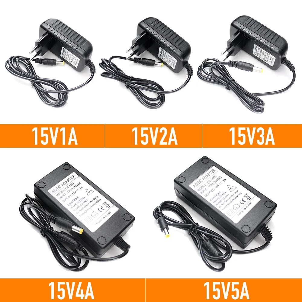 Adaptador Universal da Fonte de Alimentação Relação de 5.5 mm 2.5 mm Volt de Saída 15v Corrente 1a 2a 3a 5a Plugue dos Eua ou da ue Carregador do Adaptador de Alimentação