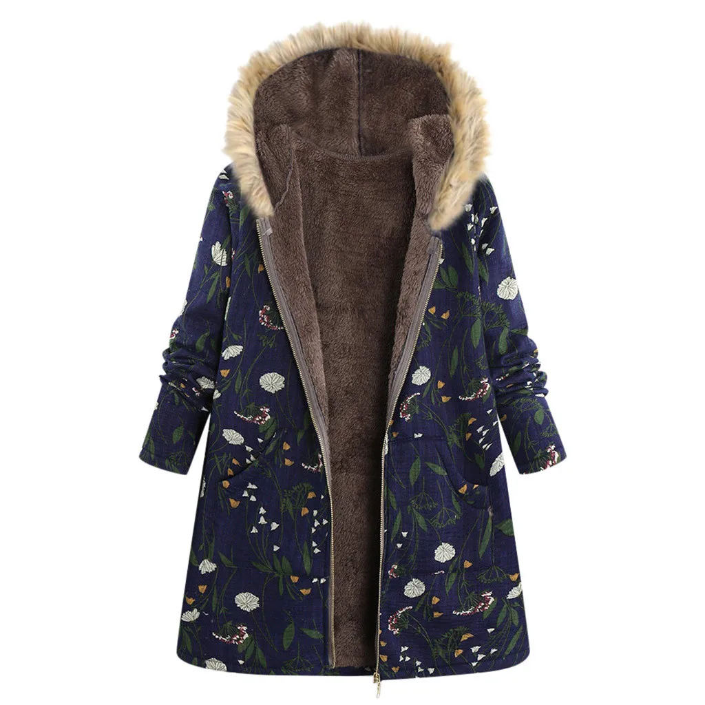 Осеннее зимнее женское пальто с меховым воротником на молнии и бархатный кардиган с принтом, длинное пальто на пуговицах, верхняя одежда, ropa mujer - Цвет: Navy