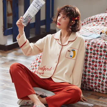 

Pajamas women's long sleeve cardigan cotton plus size autumn home wear two-piece set