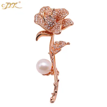 

JYX New Romantic Rose Pearl Brooch 10mm big natural freshwater pearls pins shinning zircon rosa elegant gift