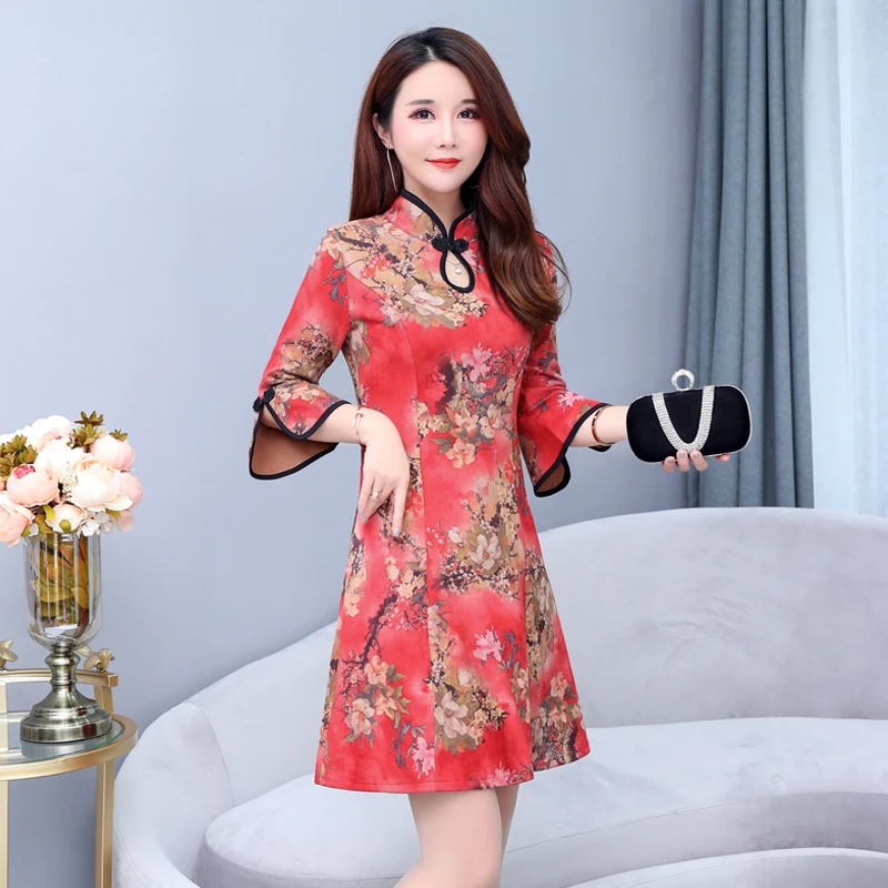 Реальное фото женские платья осень темперамент принт Cheongsam Тонкий ретро китайский стиль улучшенное платье