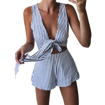 

Sexy Women Striped V Neck Crop Tank Top+Elastic High Waist Shorts Set Summer Beach Sets NIN668