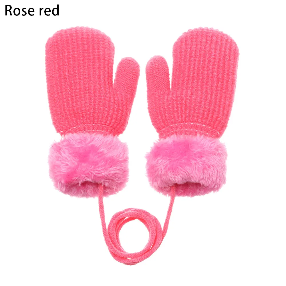 rose red 1Pair New Winter Boys Girls Cute Knitted Gloves Warm Rope Full Finger Mittens Gloves for Children Toddler Kids Gloves - Цвет: rose red