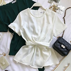 Korean-Women-Vintage-Blouses-Casual-Ruffles-Short-Sleeves-Chiffon-Shirts-Office-Lady-Slim-Sashes-Casual-Tops