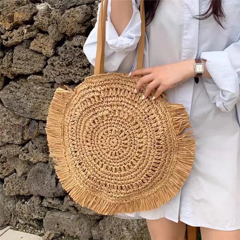 

Bohemian Round Tassel Straw Women Shoulder Bags Hollow Wicker Woven Crossbody Bag Rattan Handbag Summer Beach Large Tote Purses