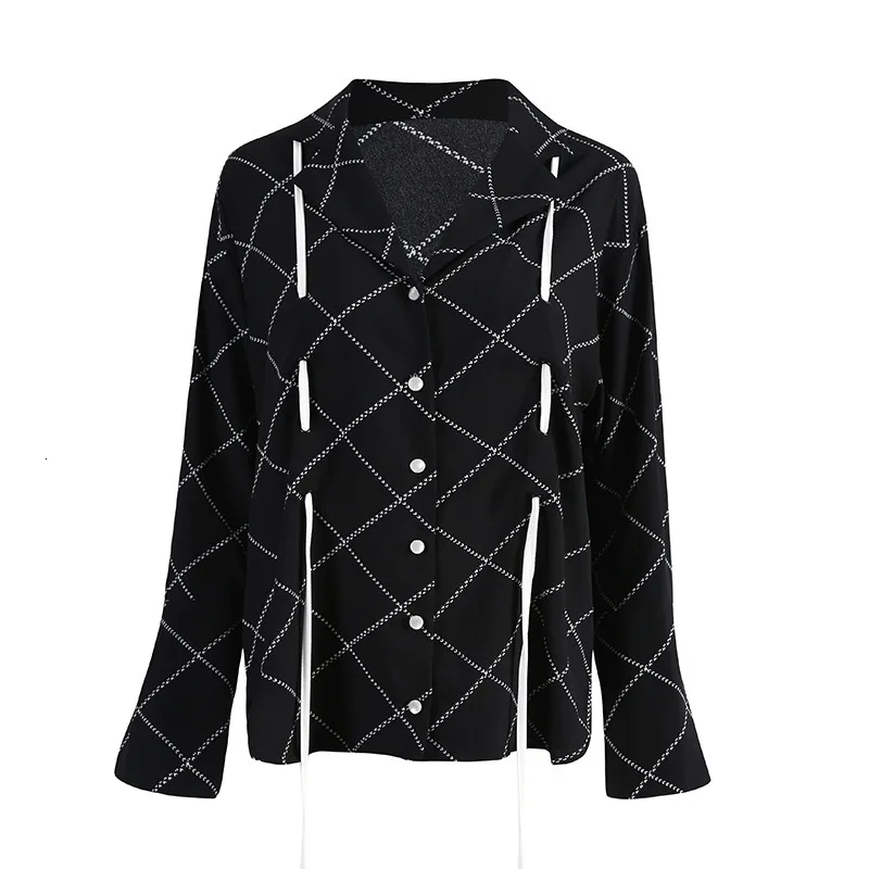 MEVGOHOT Turn Down Collar Woman's Fashion Plaid Drawstring Blouse Autumn Winter Draped Lattice Lace Up Korean Shirts HD3046