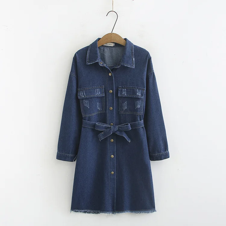 

Plus Size Casual Blouses 2019 Autumn Fashion Loose Long Sleeve Bow Denim Shirts Dress Women F51-8050