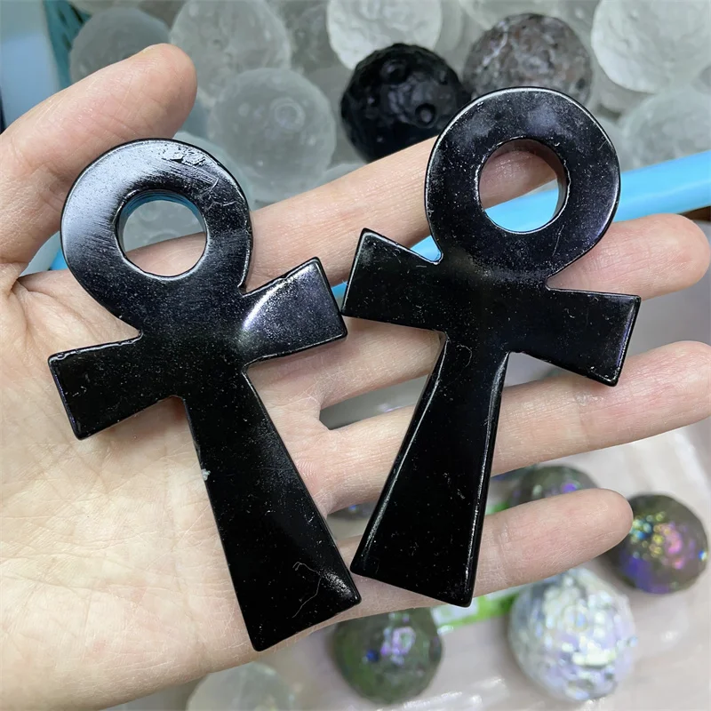 

Hand Carved Healing Crystal Anka Cross Natural Obsidian Anka Decorative Carving Craft For Decoration