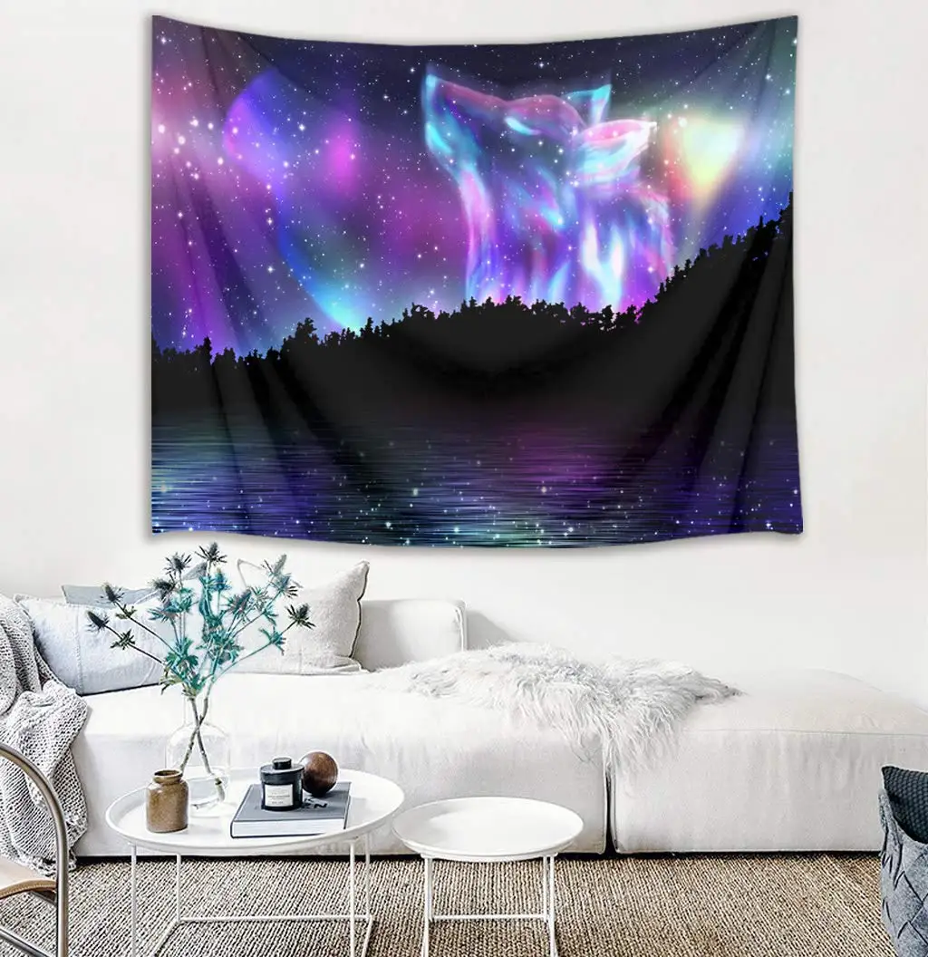 

Space Wolf in Starry Sky with Jungle and River Scenery Wall Tapestries