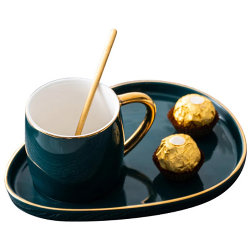 Best Japanese Style Luxury Ceramic Cup with Plate Creative Gold Coffee Mug Snack Dish Set Simple English Afternoon Tea Cup with Spoon