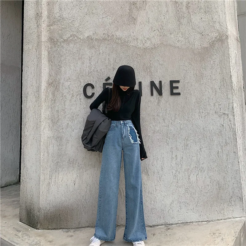 Pengpious fashion new winter cotton jeans high waist wide hem women denim pants