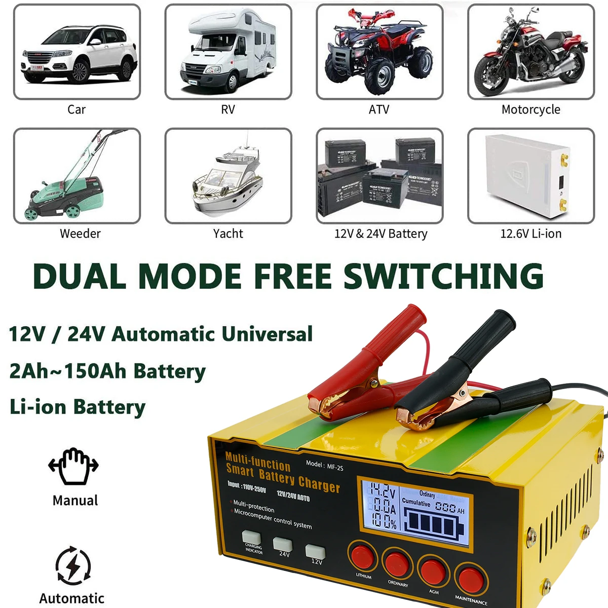 Car Battery Charger LCD Display Trickle Charger 10A 12V/24V Automatic