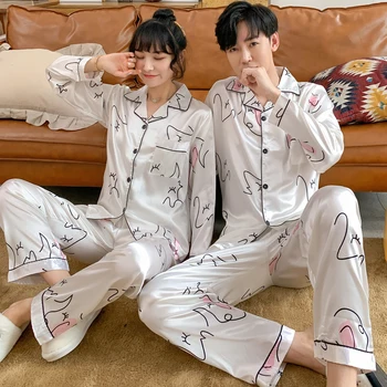 

Faux Silk Satin Pajamas Set Women Men 2 Pieces Couples Spring Summer Long Sleeve Sleepwear Pajamas Set Female Pyjama