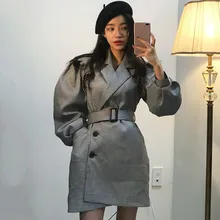 [EWQ] осеннее Новое Винтажное с рукавами-фонариками ремень с отложным воротником клетчатая Свободная Женская верхняя одежда корейское зимнее шерстяное пальто QL378