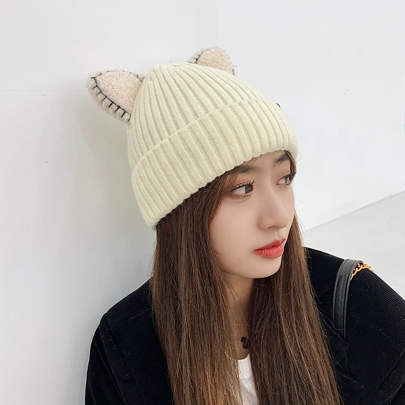 Cute Hat With Ears Warm Female Cap Knitted Winter Cat Skullies Hat