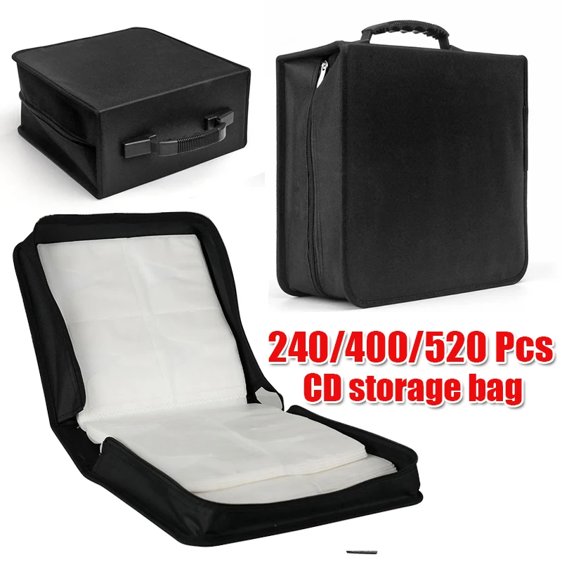 Portable Handheld Large Capacity 240/400/520 Pcs Media Disc CD DVD Bag Album PU Leather Storage Dustproof Sleeves Black | Дом и сад