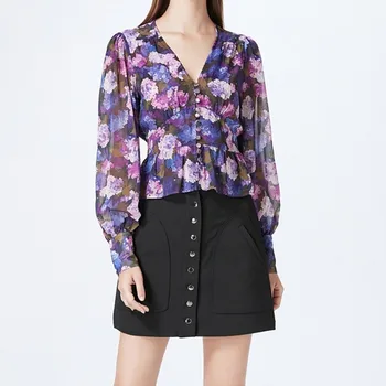 

Women Retro Floral Blouse V-Neck Single-Breasted Lady Sweet Shirt and Top for Early Autumn Female Blouses and Tops 2020 New