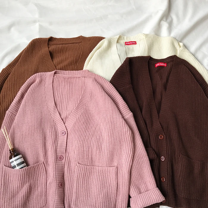 

Women Cardigans Sweater V neck Solid Loose Knitwear Single Breasted Casual Knit Cardigan Outwear Winter Jacket Coat 2020