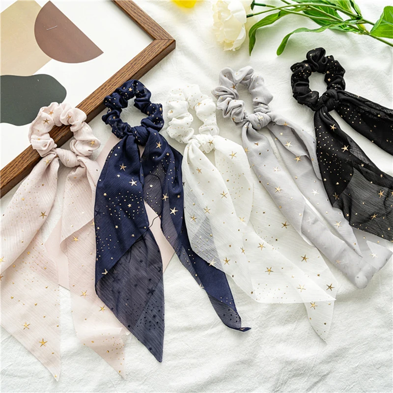 

New Chiffon Ponytail Ribbon Shiny Star Bow Hair Scrunchies Knotted Bowknot Hair Ties Elastic Hair Band Hair Accessories