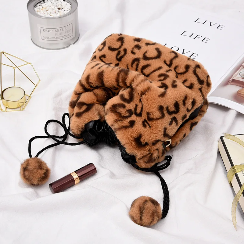 

Furry rong bao Women's Faux Rex Rabbit shui diao mao Hair Fur Clothing Drawstring Leopord Pattern Bucket Bag Single Shoulder Han