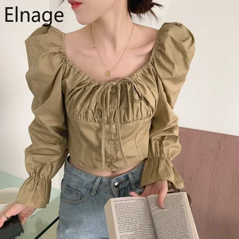 

Elnage Korean Vintage Lace Up Pleated Square Neck Blouse Flared Long Sleeve Shirts and Tops Spring New Short Blusas 5A577