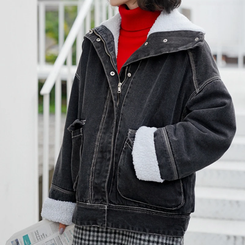Winter Denim Jacket Coat Women New Korean Trendy Coat Wild Loose Casual Elegant Warm Lamb Wool Coat Party Gift High Quality - Цвет: 01