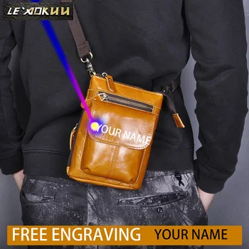 

New Real Leather Men Multifunction Design Coffee Small Messenger Bag Fashion Fanny Waist Belt Bag Pack Cigarette Case 611-18-l