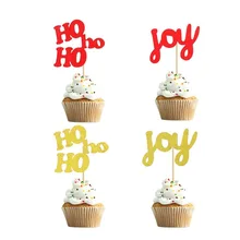 10pcs Cake Decoration Merry Christmas Cake Toppers Red Gold Hohoho Joy Giltter Cake Toppers for Christmas Happy New Year Party