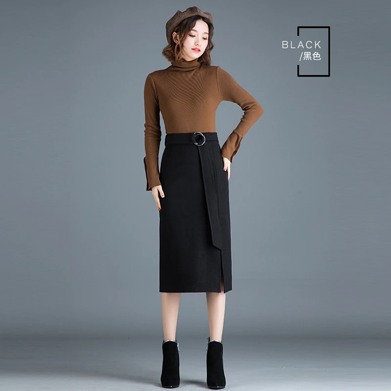 

Autumn and winter woolen bag hip skirt female long section front split skirt high waist step skirt Creative belt skirt bag skirt