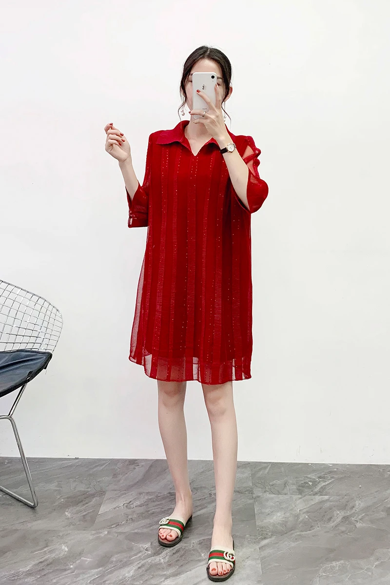 Miyake плиссированные платья с бриллиантами, однотонные Свободные мини-платья выше колена с отложным воротником, сетчатые лоскутные платья размера плюс