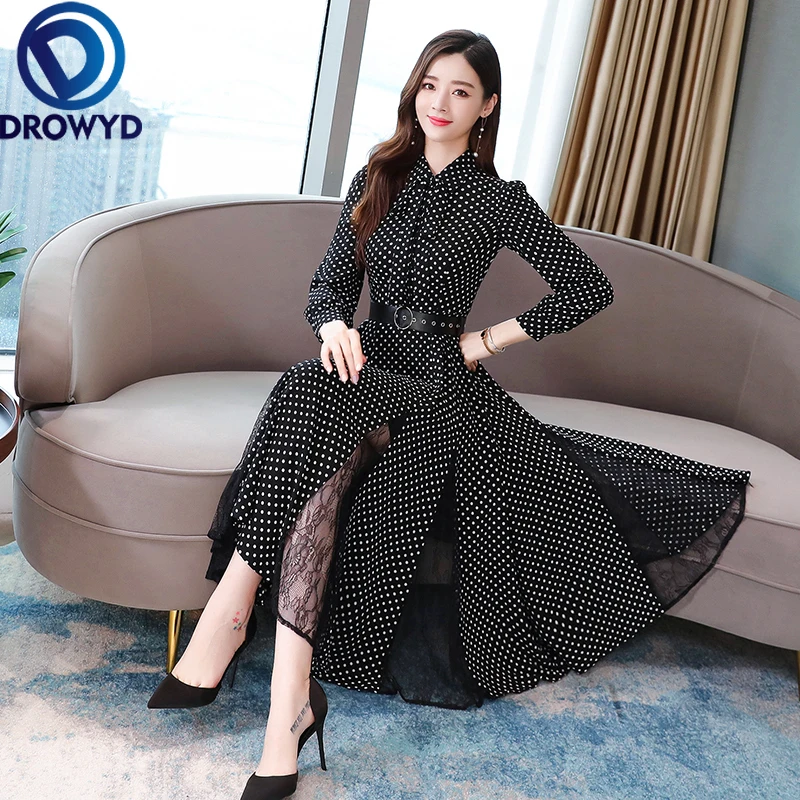 

Autumn Dot Print Midi Dress for Women Autumn Boho Casual Long-sleeved Black Dress Loose High Waist Holiday Party Dress Vestidos