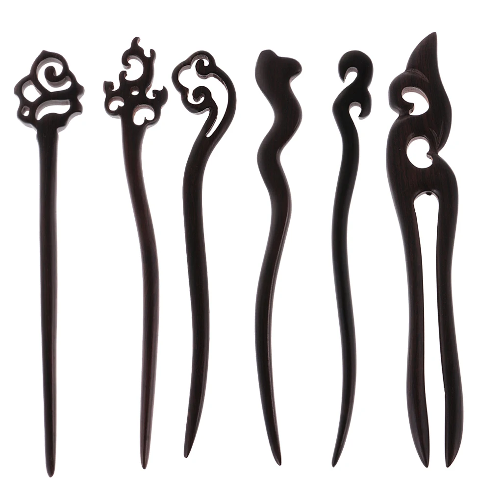 6 Pieces Chinese Classical Women Hair Clip Handmade Black Sandalwood Hair Stick