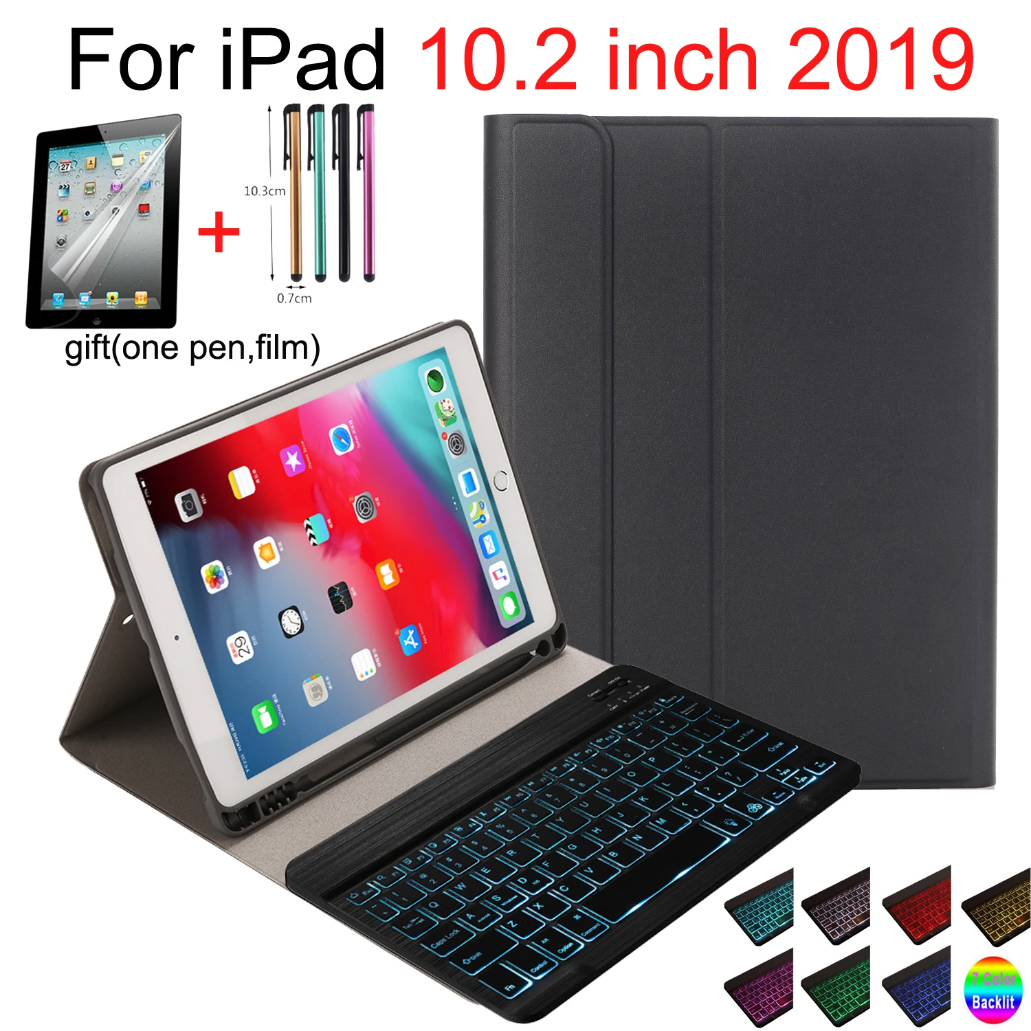 Чехол с клавиатурой с подсветкой для iPad 10,2, чехол с карандашом для Apple iPad 7-го поколения, 10,2 дюймов, беспроводная клавиатура, чехол