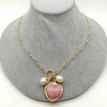 

Freshwater White Rice Pearl Natural Heart shaped Rhodochrosite Charm Necklace