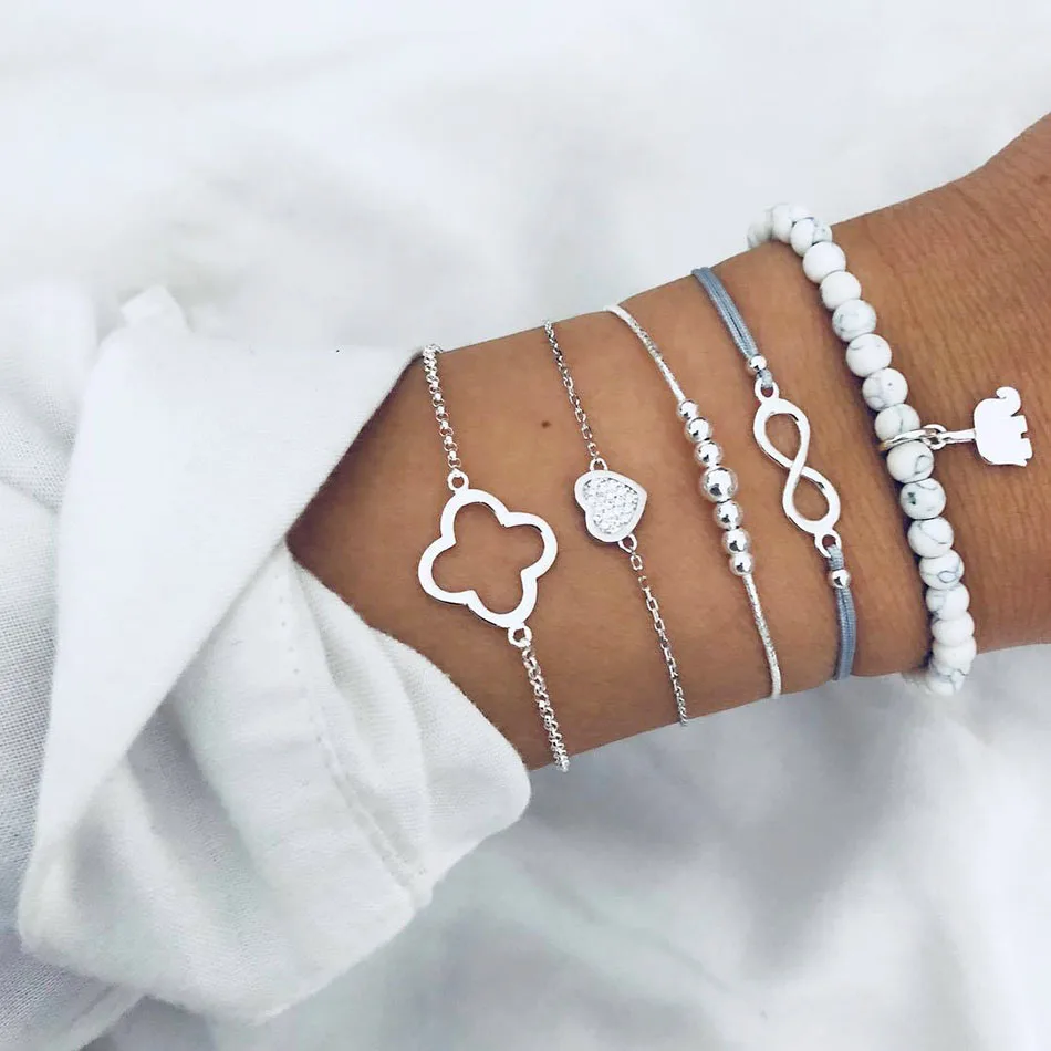 Fashion Bohemia Bead Chain Bracelets for Woman Punk Lucky Grass Letter Love Small Elephant Charm Pendant Bracelet Female Jewelry | Украшения