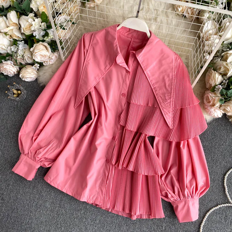 Mulheres Coreano Doces Cores Camisa Fritos Rua Outono Camisas Irregular Puff Manga Plissado Topo Feminino Blusa Pl461 11 Mulheres coreano doces cores camisa fritos rua