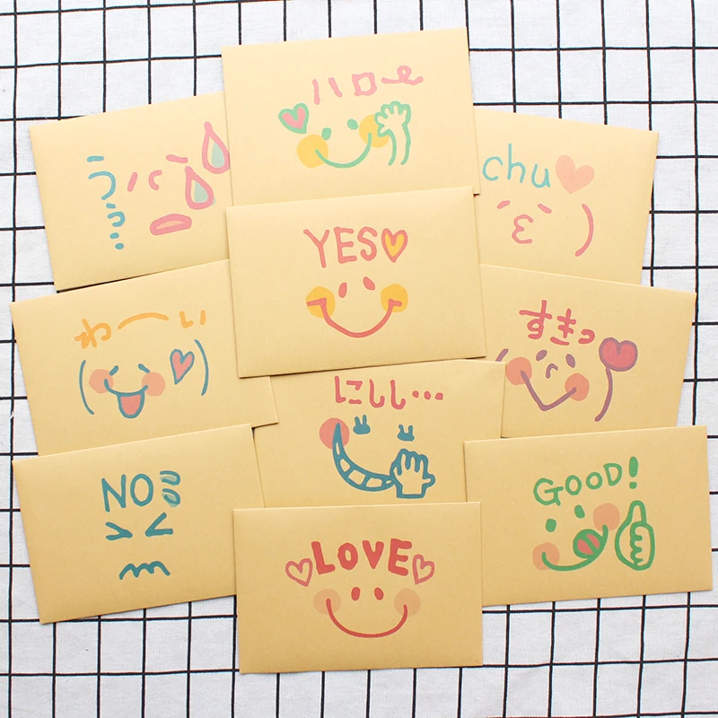 Kawaii Brown Kids Painting Letter Envelope Set Creative Cute Cartoon Face Kraft Paper Color Invitation Message Stationery Gift 5