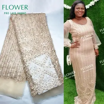 

Beads And Stones Style African French Net Lace Fabrics In Beige Color For Prom Evening Dress Sewing Material With Beads Fabrics
