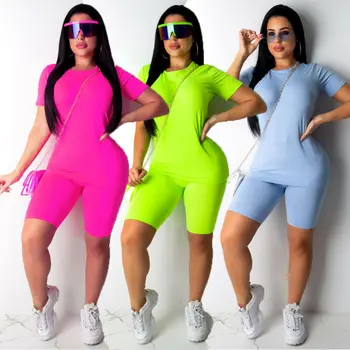

New 2020 Women Casual Solid Color Sports Suit Female Solid T-shirts Shorts Outfit Workout Clothes Tracksuit Outfits 4 Colors
