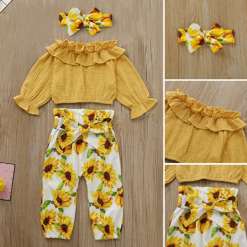 

Toddler Baby Kid Girl Floral Outfits Little Girls Long Sleeve T-shirt Tops+Pant+Headband 3Pcs Clothing Set 1-4T Summer Clothes