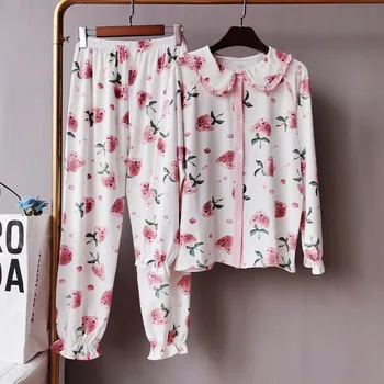 

Home Clothes Nightie for Women New Long Sleeve Trousers Set or Nightdress Cute Strawberry Print Lapel Ladies Pajamas Cotton