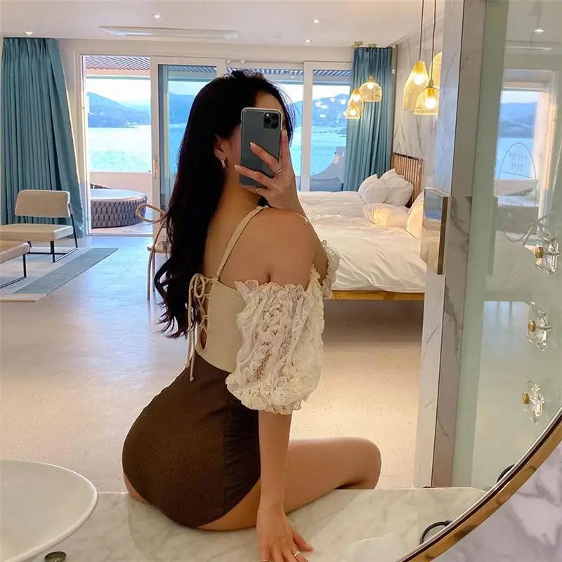 New Korean Sexy Swimsuit Suspenders One-Shoulder Lace Pattern Short-Sleeved Thin And Belly-Covering Hot Spring Vacation Swimwear 4
