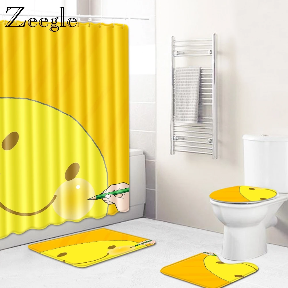 Zeegle 4Pcs Bath Mat Bathroom Carpet Toilet Seat Cover Shower Curtain Set Non Slip Toilet Mat Waterproof Shower Curtain Soft Rug