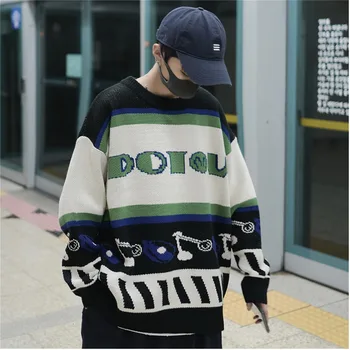 

Winter Sweater Men Warm Fashion Contrast Color Letter Printing Casual O-neck Knit Pullover Man Streetwear Wild Loose Sweater